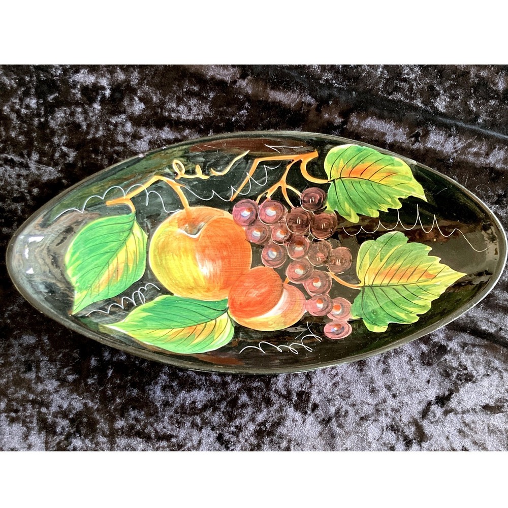 Italian Ceramic Footed Oval Bowl With Handpainted Fruit Motif Vibrant Colors